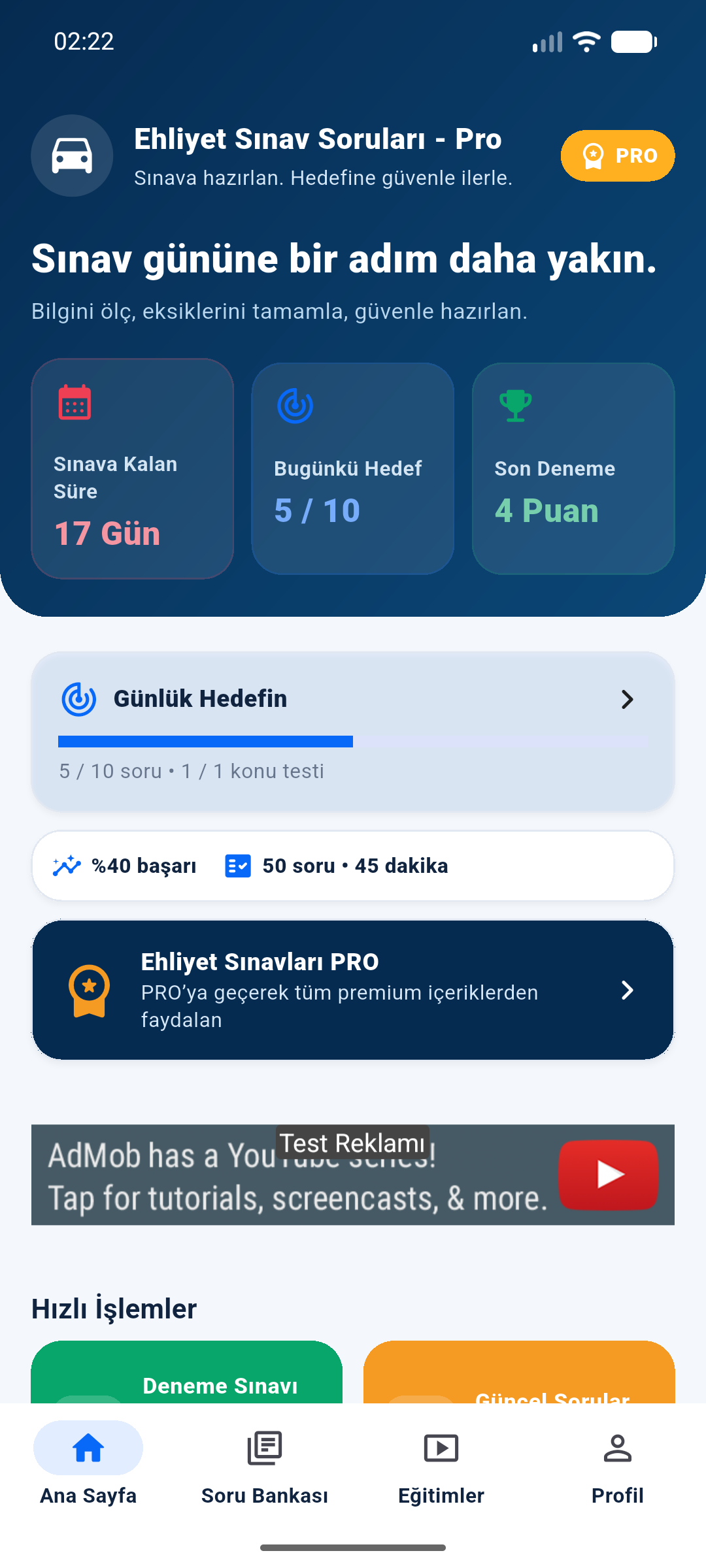 Ehliyet Sınav Soruları - Pro uygulamasının ana ekranı
