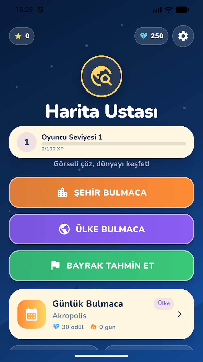 Harita Ustası dünya haritası bulmaca oyunu ana ekranı